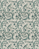 A repeating vintage-style wallpaper or fabric pattern featuring teal-green birds, leaves, and scrolling flourishes on a warm off-white background. Callista Home