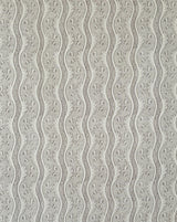A close-up of a repeating wallpaper or fabric pattern with vertical wavy bands in light gray and off-white, featuring a subtle embossed floral and leaf motif. Callista Home