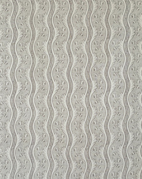 A close-up of a repeating wallpaper or fabric pattern with vertical wavy bands in light gray and off-white, featuring a subtle embossed floral and leaf motif. Callista Home