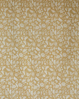 A close-up of a woven fabric or wallpaper pattern featuring a repeating white floral and leaf motif on a warm mustard yellow background. Callista Home