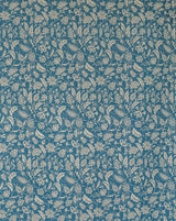 A close-up of a blue fabric or wallpaper pattern featuring a dense, repeating beige floral and leaf design. Callista Home