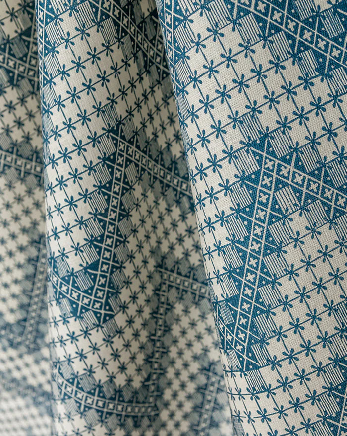 Point de Hongrie 32A French Linen Fabric – Blue Geometric Print
