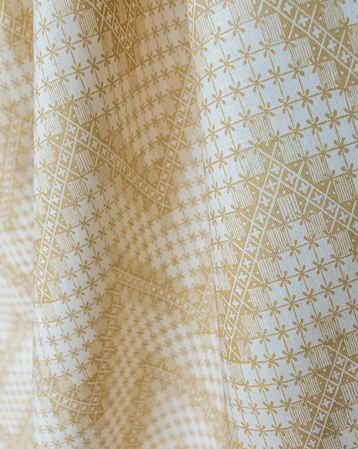 Points de Hongrie 32B ochre geometric French linen fabric by Antoinette Poisson, Callista Home