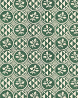 A repeating pattern of circular medallions in dark green and cream, featuring floral motifs, geometric diamond patterns, and fine horizontal lines. Olives 55A botanical French linen fabric by Antoinette Poisson Callista Home