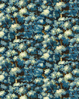 A close-up of a dense floral pattern featuring light blue and white blossoms with dark brown branches, filling the entire frame. Callista Home