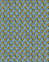 A repeating vertical pattern featuring yellow bananas on a blue and white striped background. Tison French linen furnishing and curtain fabric by Antoinette Poisson Callista Home